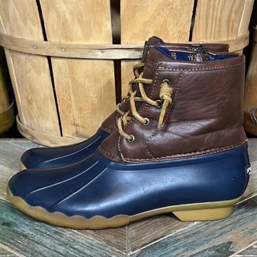 Sperry Saltwater Navy Brown Leather Rubber Waterproof Duck Boots Girls Size 5